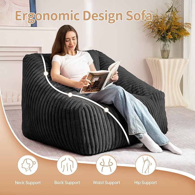 HABUTWAY Bean Bag Chair, Giant Bean Bag Chairs for Adults and Kids, Bean Bag Sofa, Lazy Floor Sofa, Faux Fur Beanbag Chair with Armrests for Living Room Bedroom (Black)-Ruum Studio Home