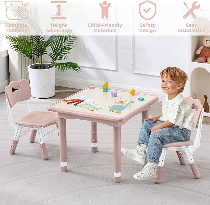 Kids Table and 2 Chairs Set, Height Adjustable (17.7"-26.1") Toddler Table and Chair Set, Multi-Activity Table with Graffiti Desktop, Children’s Table and Chairs for Classroom, Home & Daycare-Ruum Studio Home