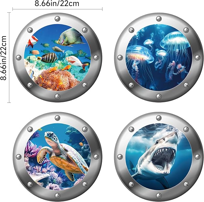 3D Ocean Animals World Wall Stickers Glow in The Dark, 4 Pcs Sharks Turtles Jellyfishs Removable Decals for Kids, Vinyl Stickers for Ceiling (Blue)-Ruum Studio Home