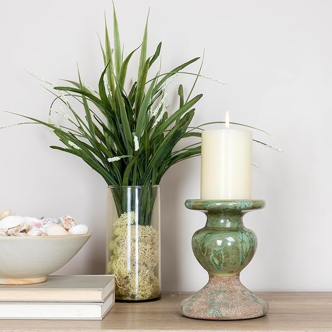 Creative Co-Op 2-Tone Sculptural Terracotta Pillar Candle Holder, Distressed Green-Ruum Studio Home