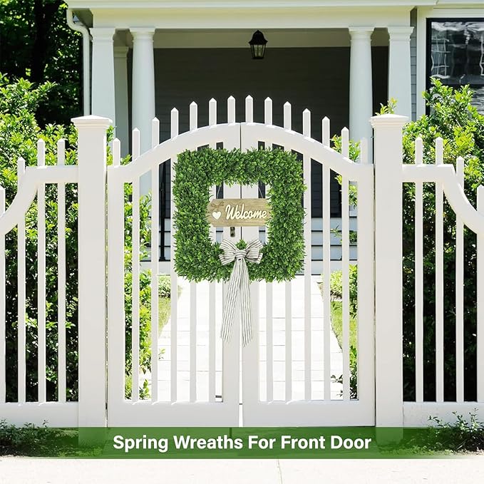 Artgar 20Inch Boxwood Wreath, Spring Wreaths for Front Door, Realistic Green Square Boxwood Wreath for Year-Round Decor, Artificial Summer Wreaths for Wedding Farmhouse Indoor/Outdoor Porch Decor-Ruum Studio Home