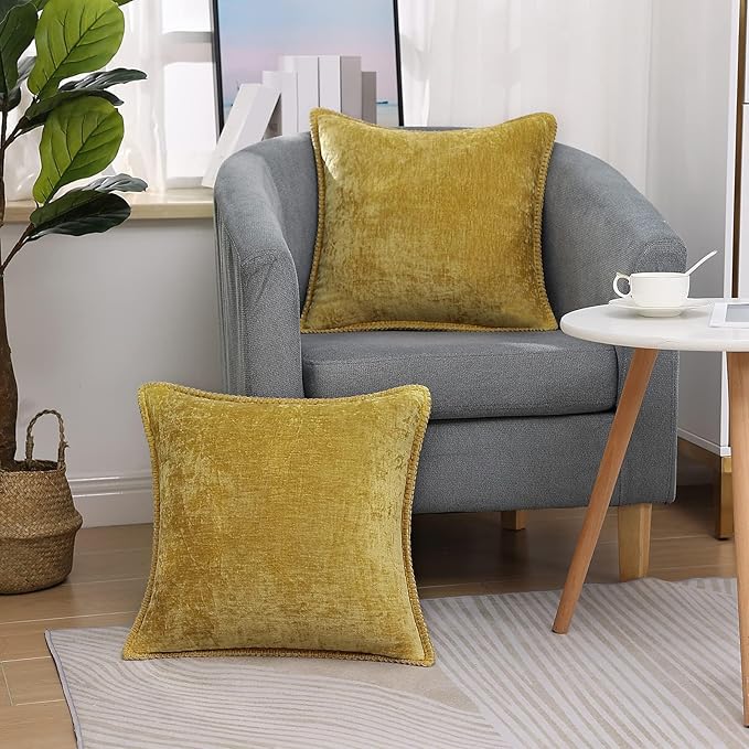 decorUhome Chenille Soft Throw Pillow Covers 18x18 Set of 2, Farmhouse Velvet Neutral Decorative Euro Pillow Covers with Stitched Edge for Couch Sofa Bed Home Decor, Mineral Yellow-Ruum Studio Home