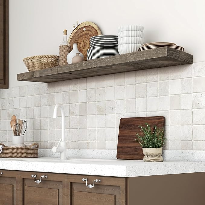 Solid Reclaimed Wood Floating Shelf 48inches Width and 8 inches Depth, Rustic Reclaimed Barnwood Wall Hanging Shelves with Invisible Heavy-Duty Metal Bracket，Cement Grey-Ruum Studio Home