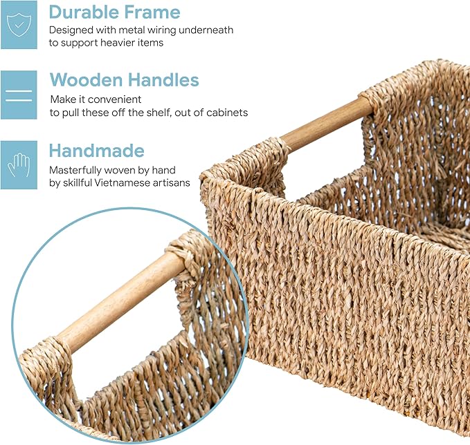 Large Natural Wicker Basket Rectangular with Wooden Handles, Seagrass Storage for Organizing, Shelves 15.5 x 10.6 x 5.5 inches-Ruum Studio Home