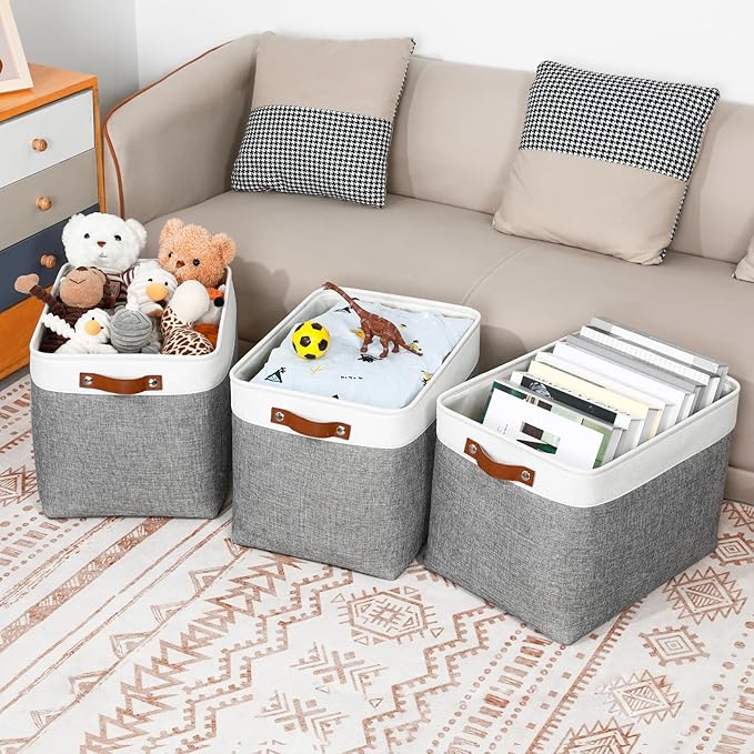 DULLEMELO Large Storage Baskets, Fabric Storage Basket with Leather Handles for Shelves Closet Nursery Toy Storage, Collapsible Fabric Baskets for Toy Book Magazine Towel Organizers(White&Gray)-Ruum Studio Home
