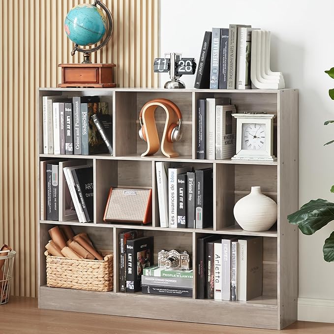 LEYAOYAO 10 Cube Bookshelf with Base,3 Tier Mid-Century Modern Grey Bookcase,Standing Wide Bookshelves Storage Organizer Shelf,Rustic Wood Display Cabinet Book Shelves for Bedroom,Living Room,Office-Ruum Studio Home