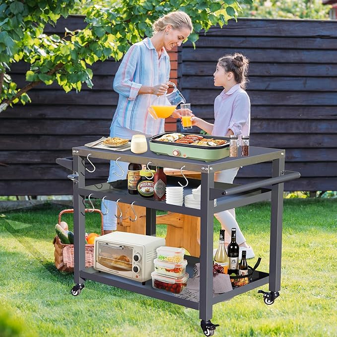 Domi 3-Shelf Outdoor Grill Table, Grill Cart Outdoor with Wheels, Pizza Oven and Food Prep Table, Blackstone with Stainless Steel Tabletop, BBQ Stand for Blackstone Griddle for Outside BBQ-Ruum Studio Home