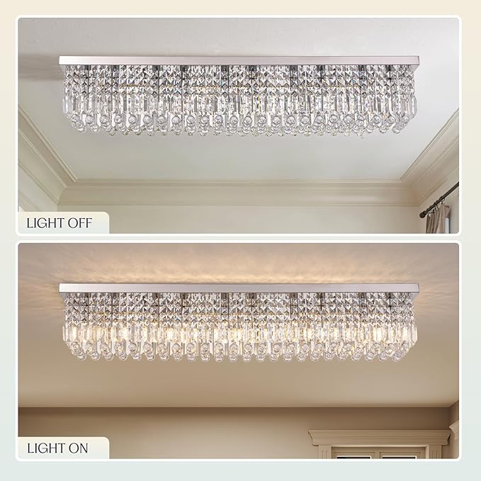 Luxury Lighting Fixture Chandelier Rectangular with Raindrop Crystals Pendant Light Fixture 10-Lights Modern Crystal Rectangle Flush Mount Chandelier for Living Room Dining Room Bar L47 Inch-Ruum Studio Home