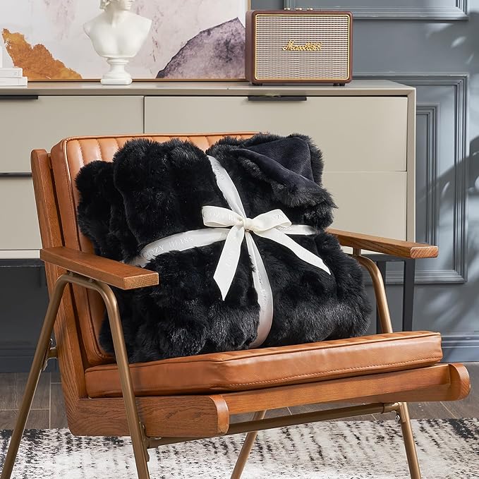 Cozy Bliss Faux Fur Throw Blanket for Couch, Fuzzy Soft Plush Thick Bubble Blanket for Sofa Bedroom Living Room, 60 * 80 Inches Black-Ruum Studio Home