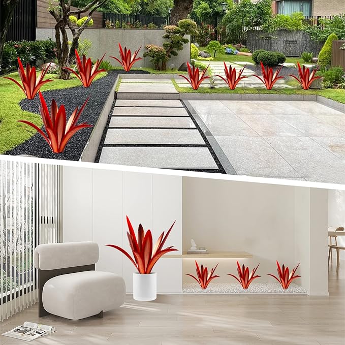TOMBABY Enlarge Thickened Wind Resistant Metal Agave Garden Art Metal Plant Country Garden Sculpture Statue Outdoor Decoration Agave Metal Plant Courtyard Garden Lawn Ornament Gift (2, 12 Leaves red)-Ruum Studio Home