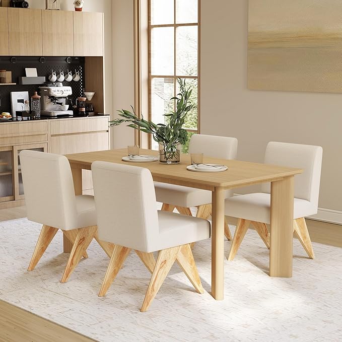 Mid Century Modern Farmhouse Dining Chairs Set of 2, Upholstered Armless Kitchen Chairs with Back and Wooden Legs, Linen Beige-Ruum Studio Home