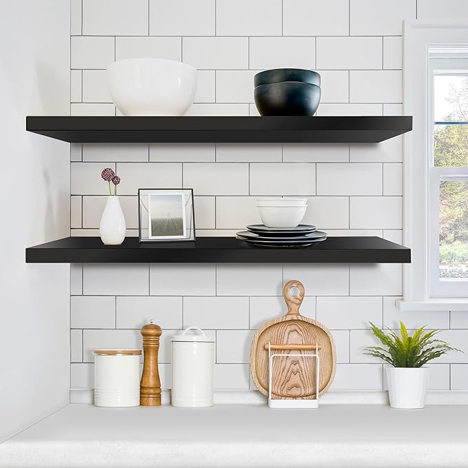 Sorbus Floating Shelves for Wall - 35 Inch Long Bathroom Shelves, Wall Decor for Bedroom, Kitchen, Living Room & Book Storage - Mounted Floating Shelf with Invisible Brackets (Black, 2 Pack)-Ruum Studio Home