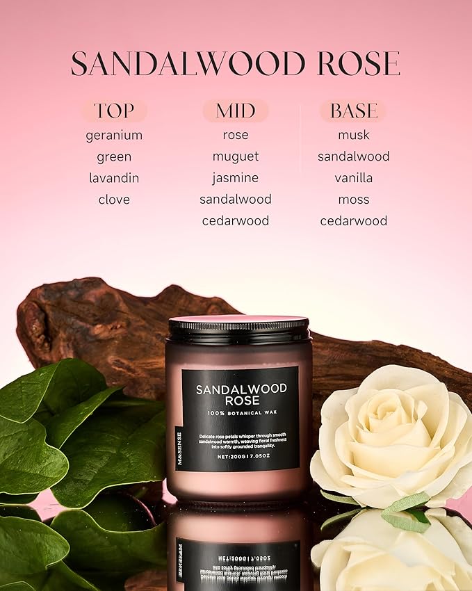 M&SENSE Sandalwood Rose Scented Candle 7.05oz 50 Hours Long Lasting Burn Natural Soy Wax Strong Scented Candle for Home, 2 Wick Home Fragrance Slow Burning Housewarming Gifts for Men Women-Ruum Studio Home