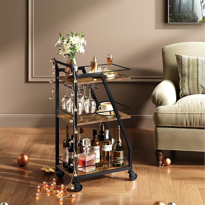 Bar Cart, 3-Tier Bar Cart for The Home, Home Bar Serving Cart with Glass Holders, Beverage Cart for Kitchen, Dining, Party Room, Rustic Brown and Black BC03BR-Ruum Studio Home