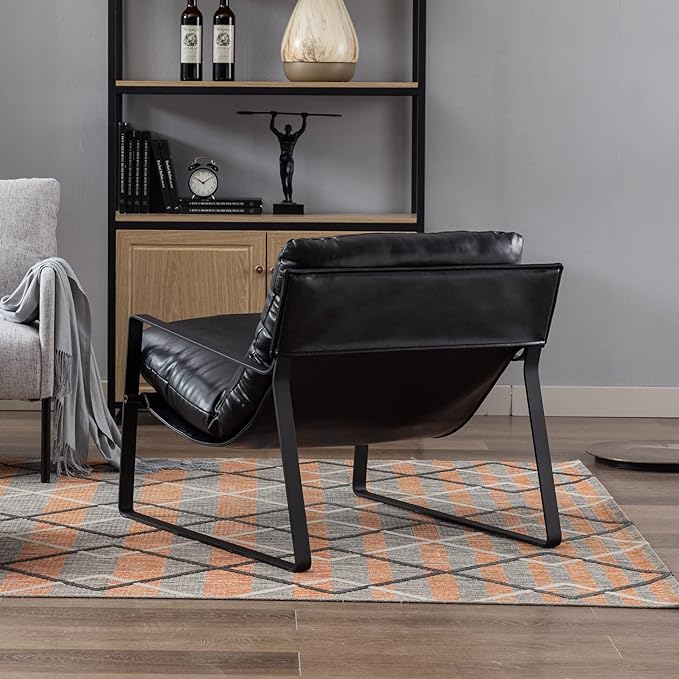 DUOMAY Mid-Century Accent Chair Armchair, Comfy PU Leather Leisure Chair Lazy Chair with Metal Leg for Living Room Bedroom Office Apartment, Black-Ruum Studio Home