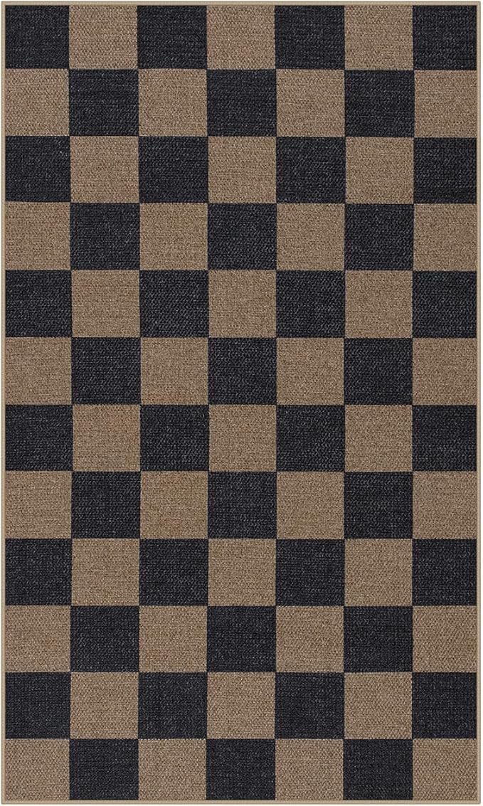 Lahome Checkered Easy Jute 3x5 Rug, Washable Rugs for Living Room Entryway Farmhouse Non Slip Black Outdoor Carpet, Checkerboard Indoor Door Mat for Entry Patio Deck-Ruum Studio Home