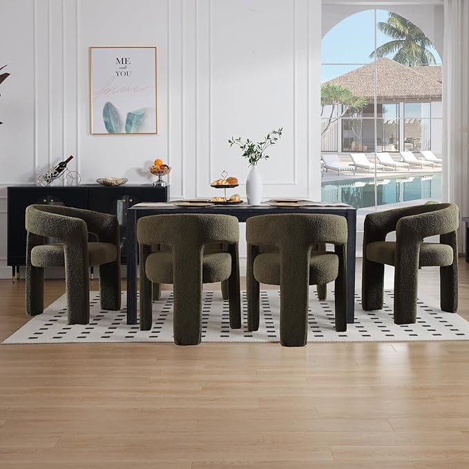 Green Sherpa Dining Chairs Set of 2, Modern Barrel Dining Room Chairs Upholstered Faux Fur Accent Chair with Arms and Round Back for Living Room Kitchen Armchair No Assembly Needed-Ruum Studio Home