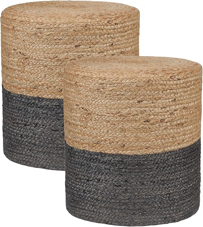 REDEARTH · Cylindrical Pouf Foot Stool Ottoman - Jute Braided Pouffe Poof Accent Sitting Footrest for Living Room, Bedroom, Nursery, Patio, Lounge - Set of 2 (14.5”x14.5”x16”; Natural Gray)-Ruum Studio Home