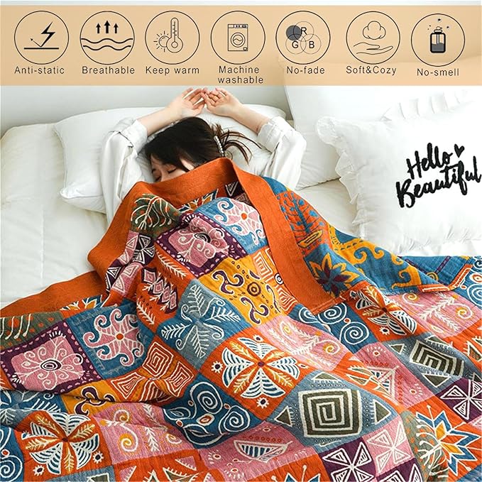 Cotton Throw Boho Blanket for Couch Bed,Cotton Quilted Boho 80''x90'' Muslin Blankets Travel Mexican Super Soft Blanket-Ruum Studio Home