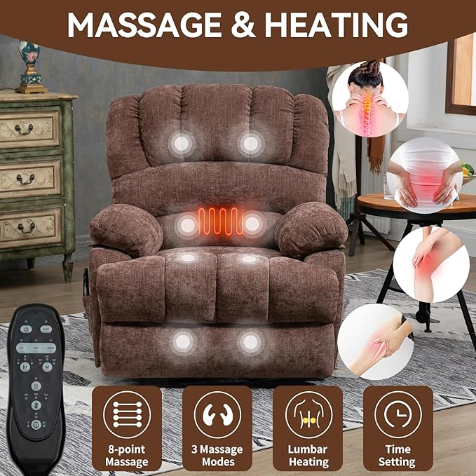 Large Power Lift Recliner Chair with Massage and Heat for Elderly, Ergonomic Backrest, Infinite Adjust, 2 Side Pockets,USB and Type-C Ports, Chenille Brown-Ruum Studio Home