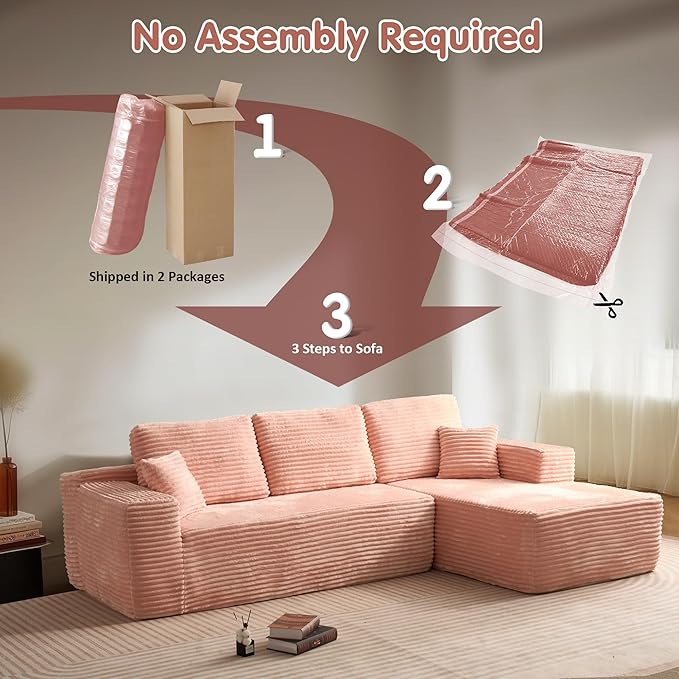 ovios 104" Cloud Sectional Couch with L-Shape Chaise,Modern Modular Sofa with Deep Seat, Upholstered Couches for Living Room Bedroom,No Assembly Required, Pink (Plush Corduroy Fabric)-Ruum Studio Home