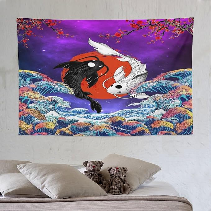Houselerax Japanese Koi Fish Tapestry, Yin Yang Big Wave Cherry Blossom Tapestries Wall Hanging for Bedroom Living Room Office Decor 90"x60"-Ruum Studio Home