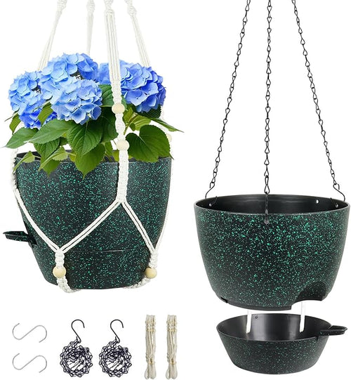 10 inch Self Watering Hanging Planters, 2 Pack Hanging Flower Pots for Indoor Outdoor Plants, Hanging Baskets with Drainage Holes & 2 Kinds of Plant Hangers for Home Decor, Speckled Black-Ruum Studio Home