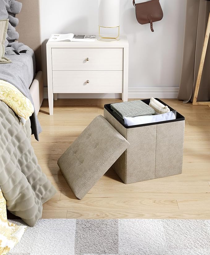 15 Inches Small Folding Storage Ottoman Cube, Storage Footrest, Foot Rest Stool, for Living Room, Bedroom, Dorm, Hallway, Entryway, Sandy Beige-Ruum Studio Home