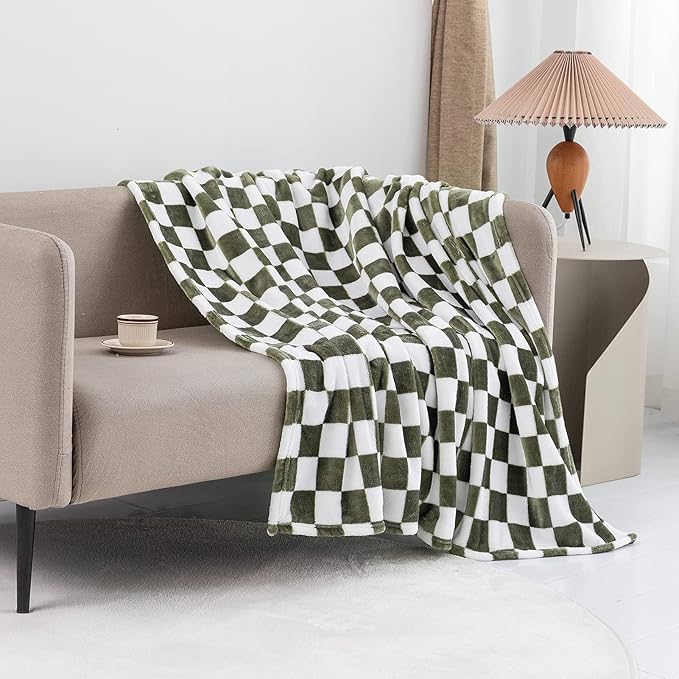LOMAO Throw Blankets Flannel Blanket with Checkerboard Grid Pattern Soft Throw Blanket for Couch, Bed, Sofa Luxurious Warm and Cozy for All Seasons (Dark Olive, 60"x80")-Ruum Studio Home
