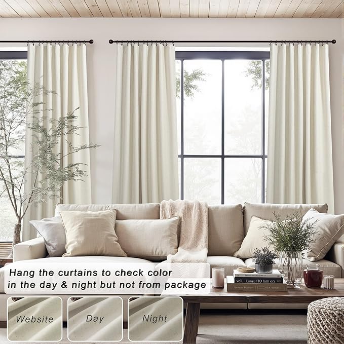 Flax Linen Blackout Living Room Curtain 84 Inch Long 2 Panel Tan Beige Black Out Burlap Farmhouse Insulated Thermal Curtain for Summer Heat Nursery Room Darkening Drapes Bedroom Back Tab 52x84 Length-Ruum Studio Home
