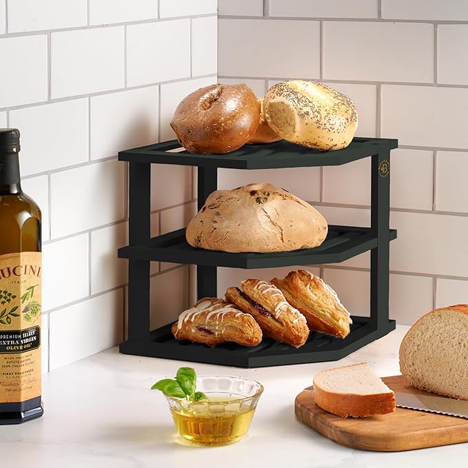 Cabinet Organizer Shelf - Bamboo Corner Rack for Kitchen Counter, Cabinet Space Saver for Plates, Dishes, Bowls, Bread Pantry, Bathroom Storage or Countertop Stand, Black-Ruum Studio Home