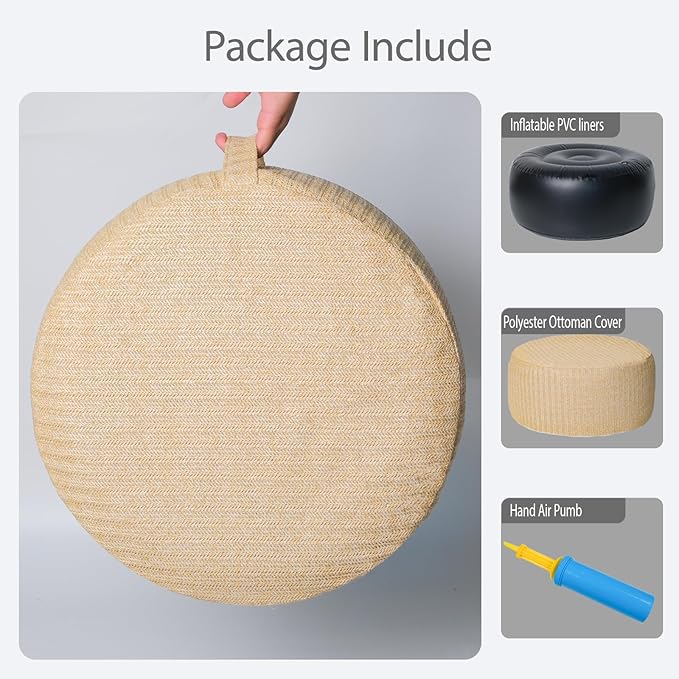 Outdoor Inflatable Ottoman with Air Pump, Fade-Resistant Patio Footrest Stool D21”x H9”, Round Pouf Ottoman with Portable Handle Suitable for Garden, Camping, Bedroom, Living Room-Ruum Studio Home