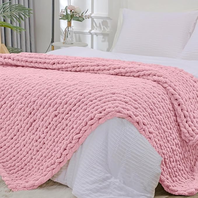 Bigacogo Chunky Knit Throw Blanket for Couch, 51x63 inches, 100% Hand Knitted with Thick Jumbo Chenille Yarn, Cozy Soft Large Rope Knot Cable Crochet Blankets for Sofa Bed Living Room, Blush Pink-Ruum Studio Home