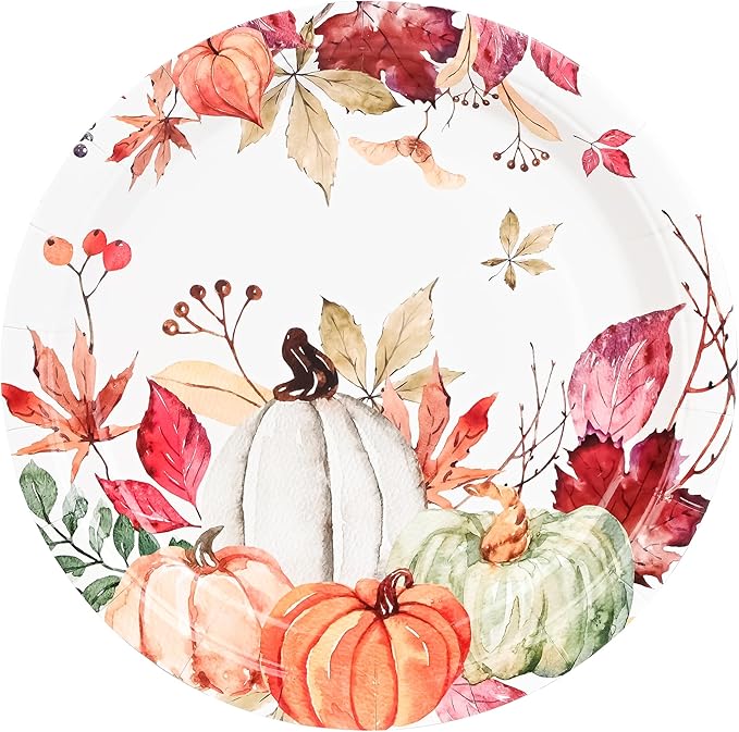 AllReal Fall Pumpkins Paper Plates Rustic Pumpkin Leaves Disposable Party Plate 7" Thanksgiving Autumn Dessert Plate for Birthday Baby Shower Party Supplies Table Decor (48)-Ruum Studio Home