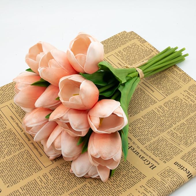 Buart Artificial Tulip in Bulk for Home Kitchen Wedding Bridal Bouquet,Fake Flowers for Valentine's Day Mother's Day Easter Table Centerpieces Decorations(Peach,Real-Touch,12pcs)-Ruum Studio Home