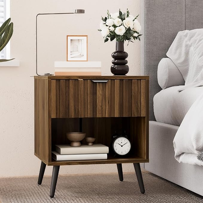 Smuxee Walnut Wooden Night Stand, Mid Century Nightstand with Fluted Drawer, Bedside Table with Open Shelf, Modern End Side Table for Bedroom-Ruum Studio Home