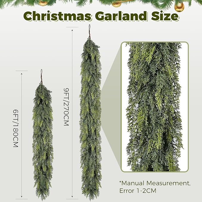 9 ft Christmas Garland, Cedar Garland, Real Touch Cypress Garlands, Green Artificial Greenery Garland for Mantel Indoor Outdoor Christmas Decorations-Ruum Studio Home