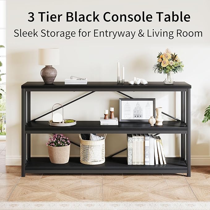 LVB Black Console Table, Modern Entryway Table for Hallway Living Room, Industrial Sofa Table Behind Couch, Farmhouse Wooden Metal Entry Table for Foyer with 3-Tier Storage Shelves, Black Oak, 55 Inch-Ruum Studio Home