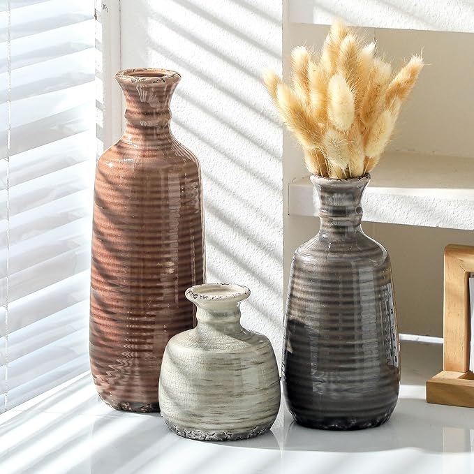 Ceramic Vases Set of 3, Neutral Rustic Farmhouse Vases Home Decor Decorative Flower Vase Modern Boho Pampass Vase for Table Mantel Entryway Shelf Living Room Kitchen Bathroom - Brown-Ruum Studio Home