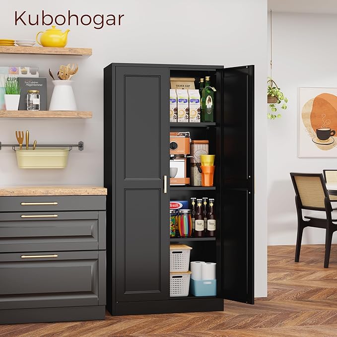 60" Tall Metal Pantry Cabinet, Black Kitchen Pantry Storage Cabinet with Doors and 3 Adjustable Shelves, Cupboard for Kitchen, Dining Room, Living Room, Bathroom-Ruum Studio Home