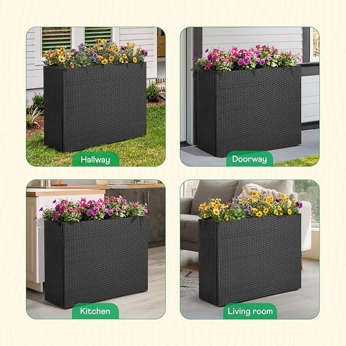 IDZO All Weather Wicker Planter Raised Garden Bed, 24 in Tall Round Rattan Flower Pots, Durable Self-Watering Indoor Outdoor Wicker Planters for Porch Patio Balcony-Ruum Studio Home