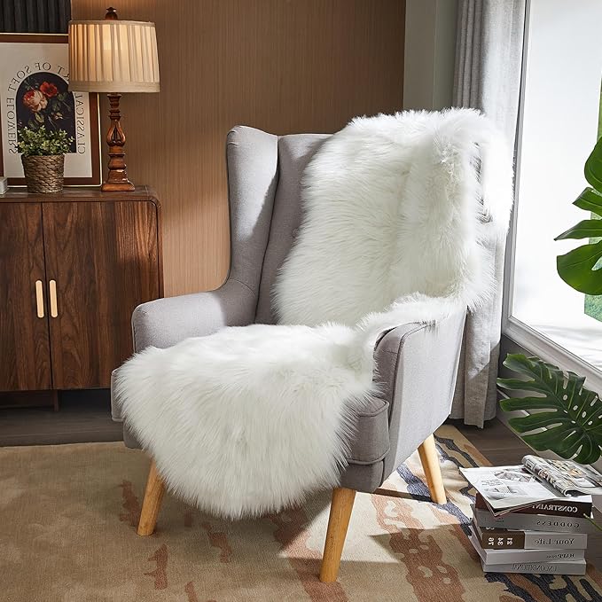AMTOVO Faux Sheepskin Rug, White Ultra Soft Fluffy Shag Area Rug, 2 x 6 ft Faux Fur Rug for Bedroom Sofa Throw Cushion Room Decor, Sheepskin-Ruum Studio Home