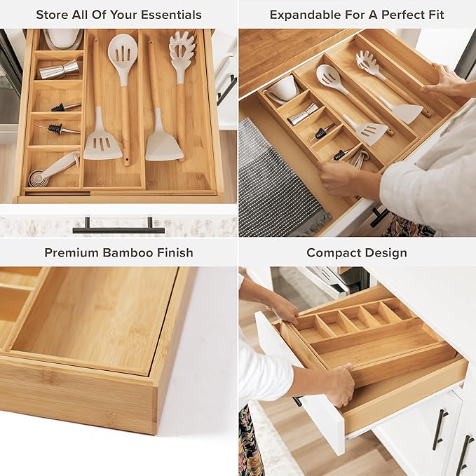 Adjustable Kitchen Drawer Organizer for Utensils and Junk, Food-Safe Contract Grade with 100% Sustainable Wood, Expandable from 10.5 to 19 Inches Wide - Natural Bamboo-Ruum Studio Home