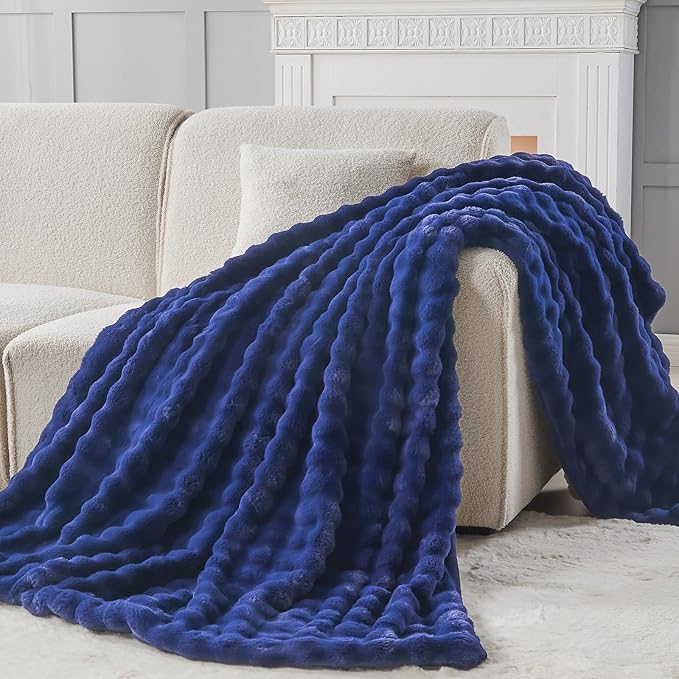 NEWCOSPLAY Faux Fur Throw Blanket Dark Navy Bubble Blanket Thick Warm Soft for Couch Sofa Bed 550GSM (Dark Navy, Throw(50"x60"))-Ruum Studio Home
