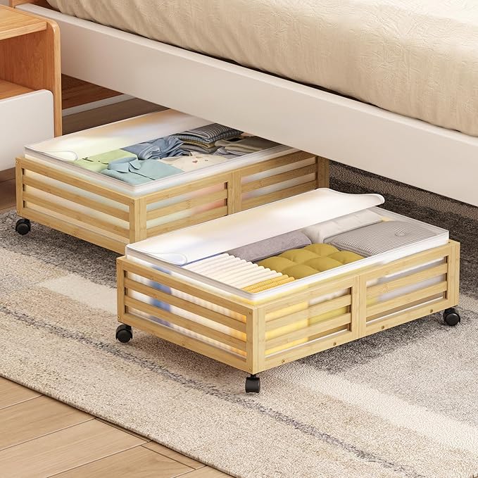 Under Bed Storage Containers With Wheels - 2 Pcs Bamboo Wood Rolling Underbed Shoe Storage Bins With Dust Bags for Clothes Blankets, Duvet Covers Snacks Toys (Natural)-Ruum Studio Home
