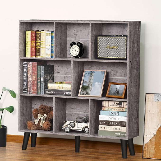 LEYAOYAO 8 Cube Bookshelf,Farmhouse Bookcase with Legs,Modern Dirty Grey Mid-Century Bookshelves,Large 3 Tier Open Storage Organizer Shelf, Retro Wood Display Book Case-Ruum Studio Home