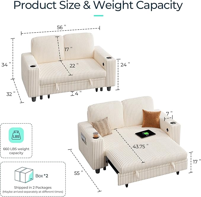 LINSY HOME Loveseat Sofa with Pull Out Couch Chaise: 2-in-1 Convertible 2 Seater Sofa with USB Charging & Cup Holders, Comfy Plush Corduroy Love Seat for Small Spaces Living Room Apartment, Beige-Ruum Studio Home