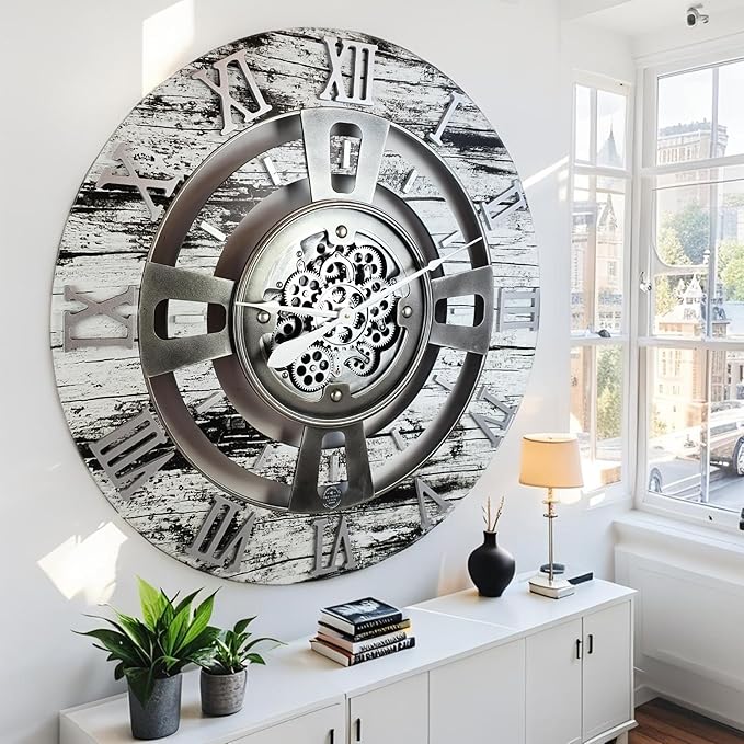 The Gears Clock Real Moving Gear Wall Clock England Line (Grey & White, 36 inches (90 cm))-Ruum Studio Home