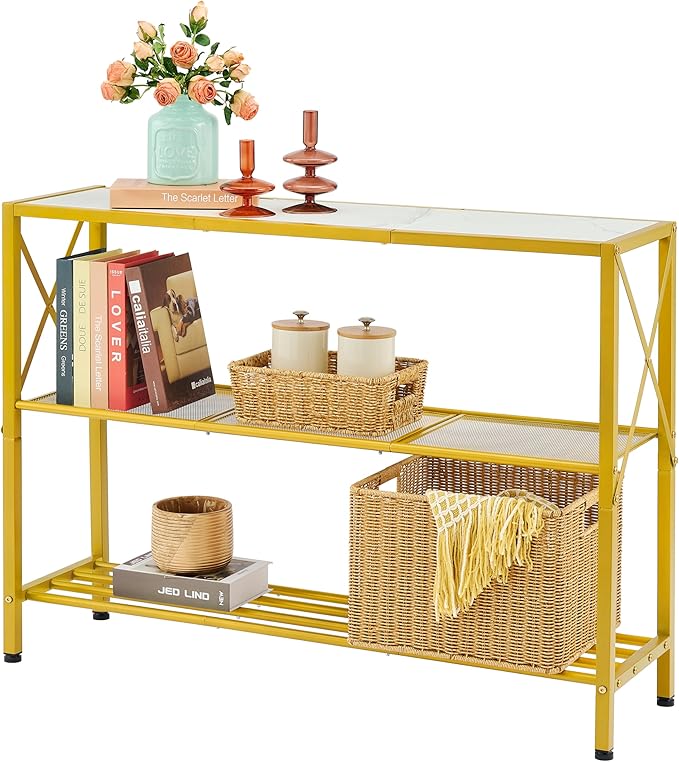 Hoctieon Gold Console Table, 3 Tier Entryway Table, Hallway Table, Narrow Sofa Table with Shelves, Entrance Table for Entryway, Gold and White-Ruum Studio Home