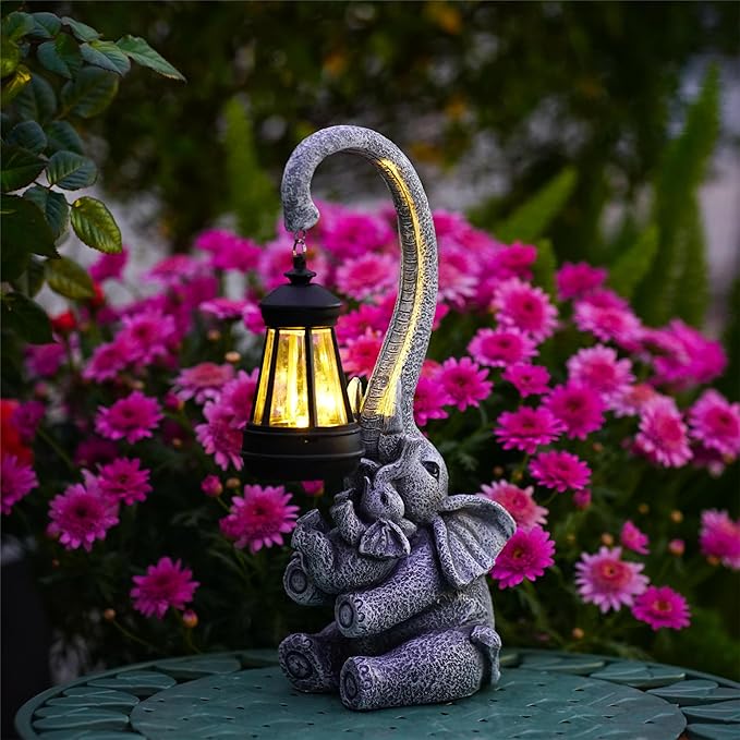 Elephant Outdoor Statues with Cute Baby Garden Decor, Resin Elephant Figurines with Solar Lantern Outdoor Decoration Gifts for Mothers Day, Birthday Day-Ruum Studio Home